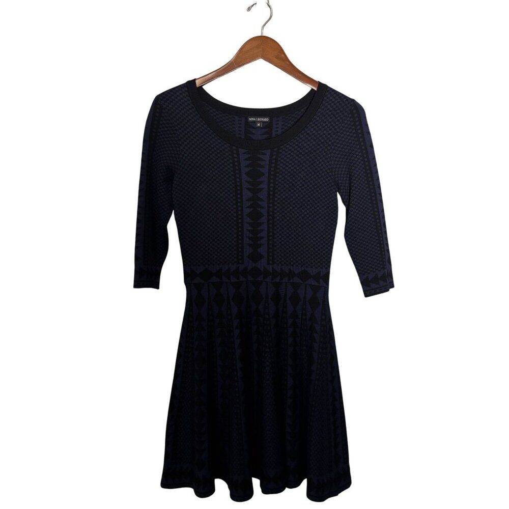 Nina Leonard Size M Geometric Print Knit Dress With 3/4 Sleeves - Picture 4 of 12